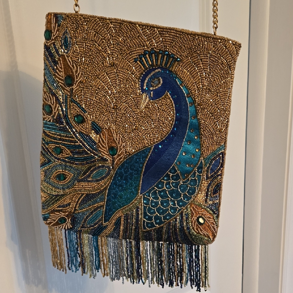 Mary Francis Elegant Beaded Peacock Clutch
